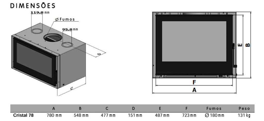 Recuperador de calor a lenha Chama - Crystal 78 - Dimensões