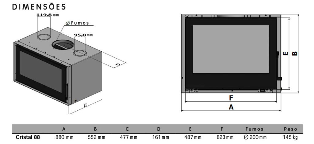 Recuperador de calor a lenha Chama - Crystal 88 - Dimensões
